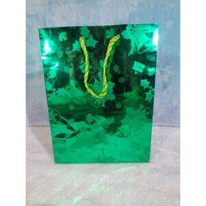 Small Green Holographic Bell Snowflake Presents Green Christmas Gift Bag 9"